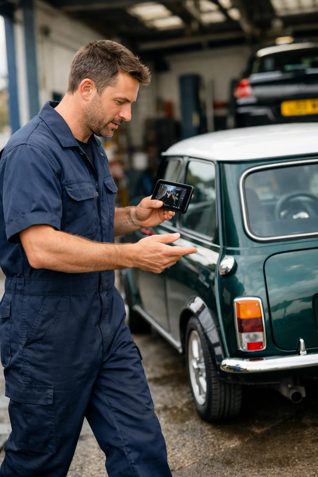 Mechanic using phone for digital video inspection