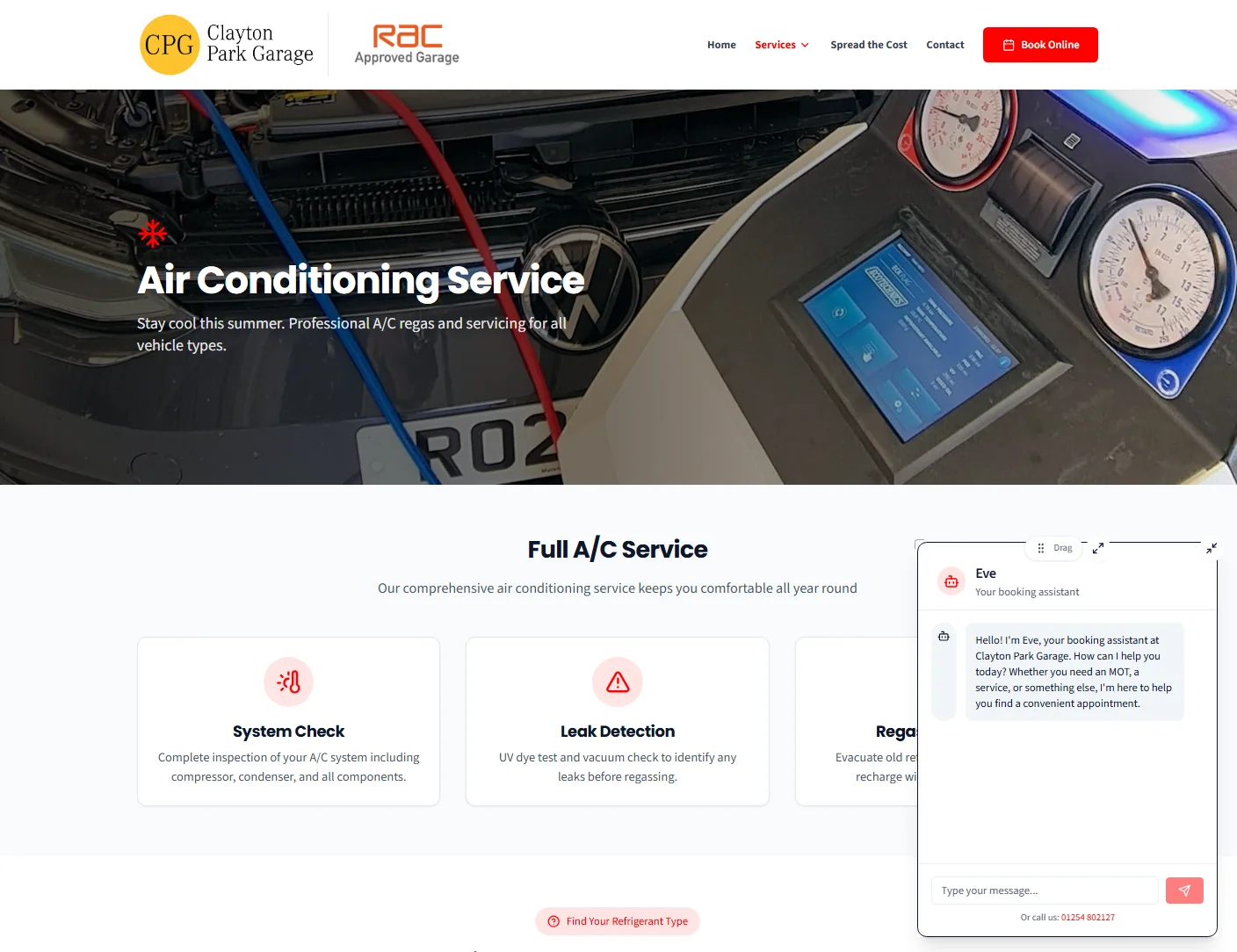 Air conditioning service page with booking