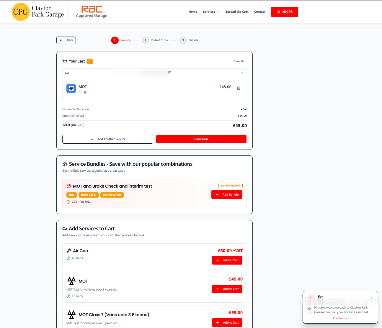 Online booking cart with selected services