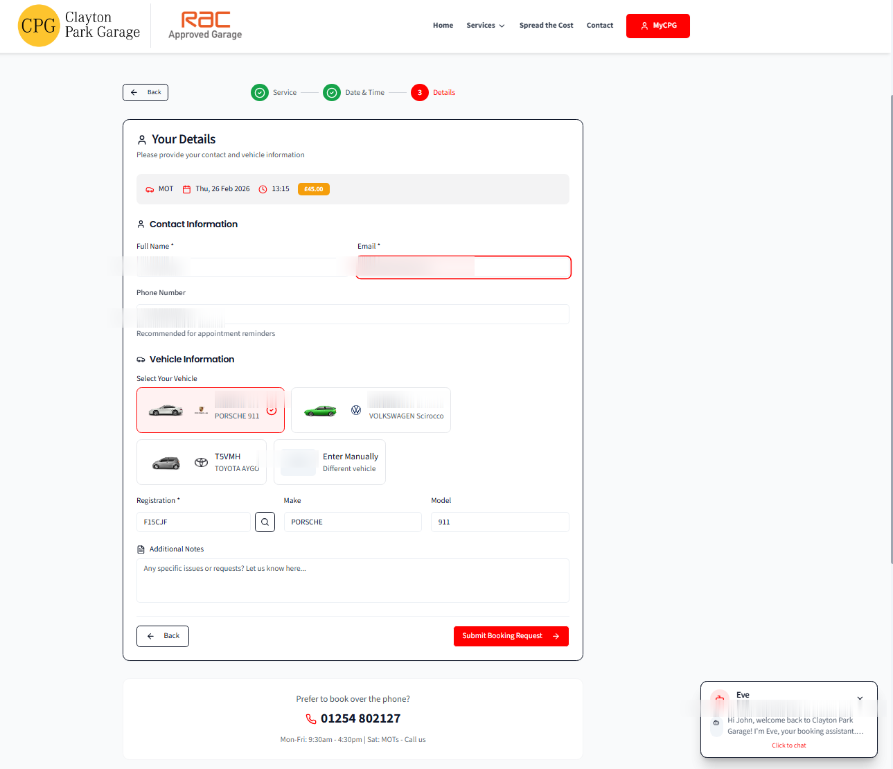 Another booking view with vehicle details