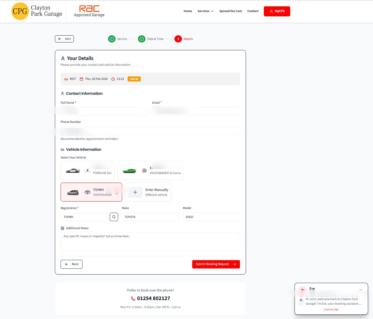 Booking details with vehicle selection