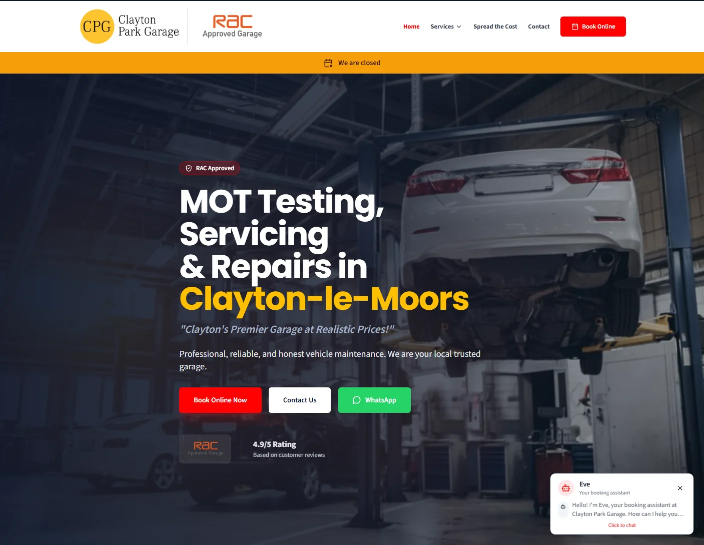 Customer-facing garage homepage with branded services