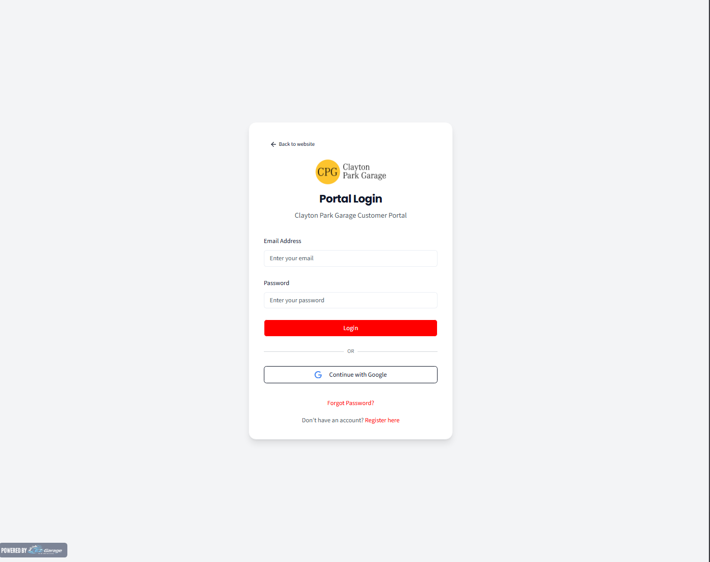 Customer login and registration page