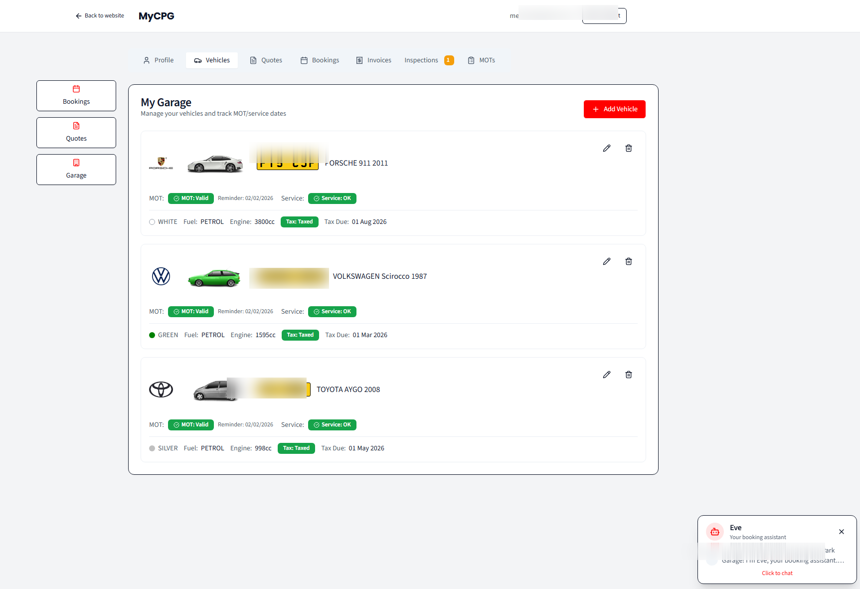Customer dashboard showing vehicles and booking history