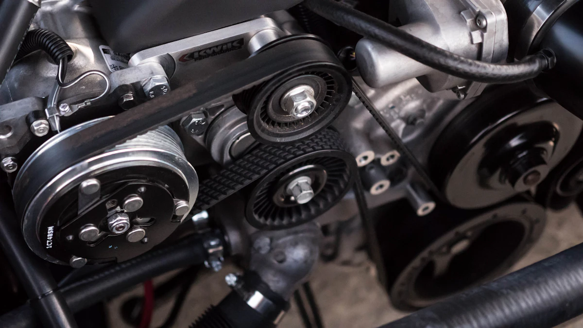 Detail of an engine bay showing belts and pulleys